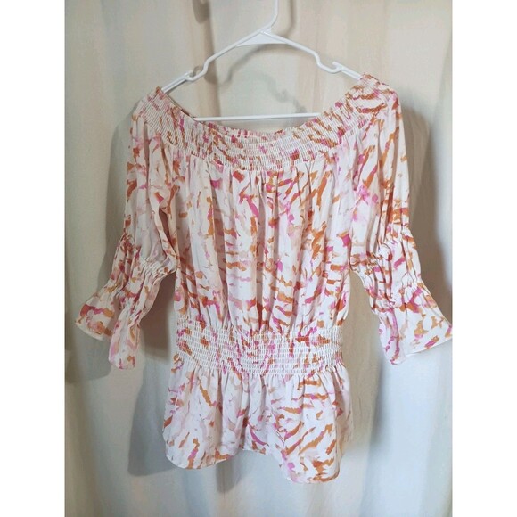 Cabi Size Small 'Drop-Off' Multicolor Terracotta Pink Printed Smocked Blouse Top - Picture 2 of 8